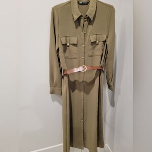 Zara Army Green Shirt Dress with Tie Detail